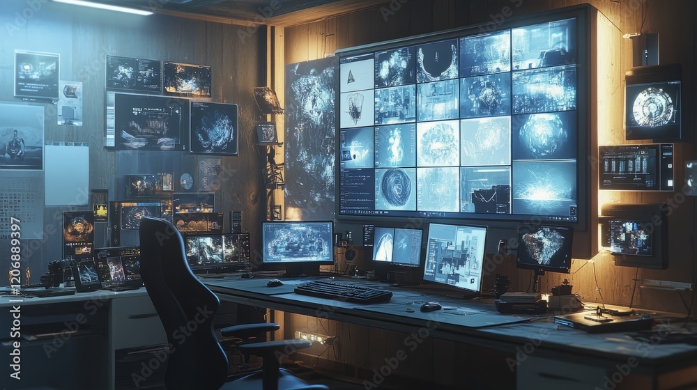 Poster home computer with a large screen displaying ai-generated art, empty chair emphasizing the automatio