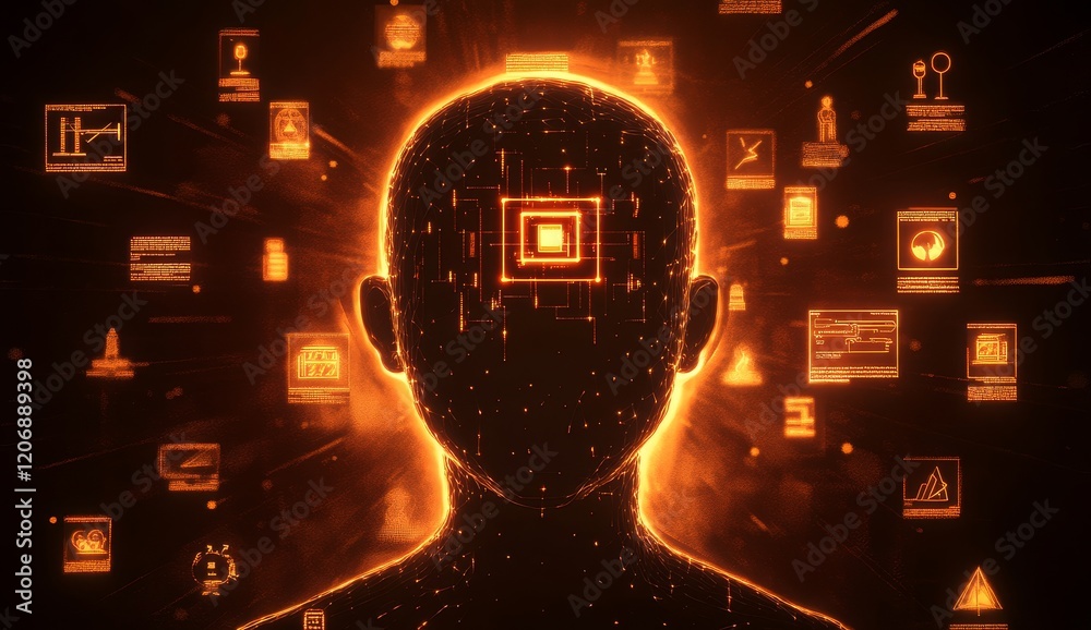 Poster glowing head with digital data icons.