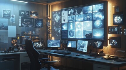 Home computer with a large screen displaying AI-generated art, empty chair emphasizing the automation of creative work.