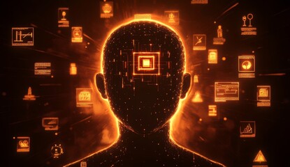 Glowing head with digital data icons.