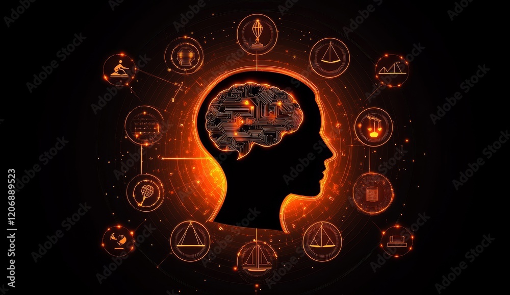 Poster Glowing human head silhouette with brain and circular icons representing knowledge and skills.