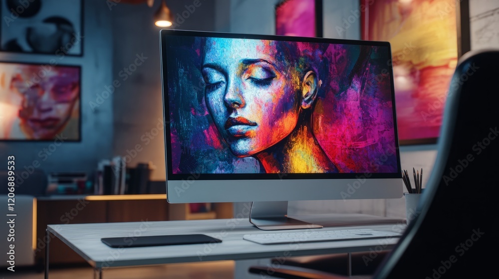 Poster home computer with a large screen displaying ai-generated art, empty chair emphasizing the automatio