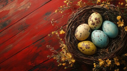 Nest of colorfully decorated Easter eggs resting on a rustic wooden surface surrounded by small yellow flowers