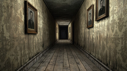 Obraz premium Dusty Hallway in a Forgotten House with Old Portraits and Faded Wallpaper