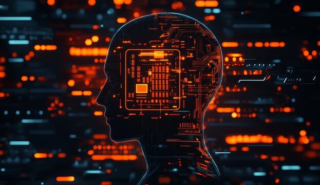 AI, digital head with glowing circuit board inside.