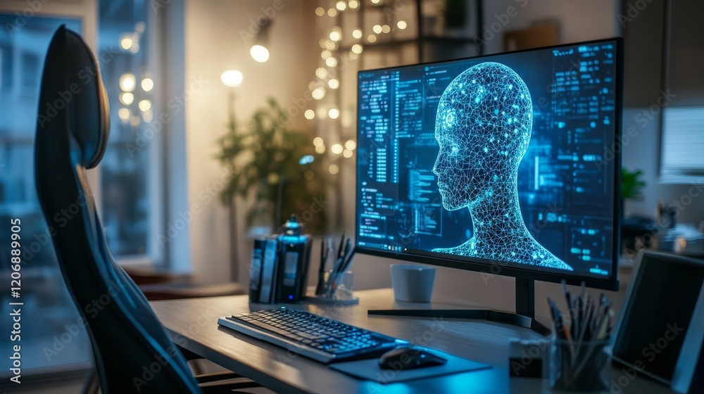 Poster home office setup with a large monitor showing an ai-generated image, empty chair symbolizing ai's d
