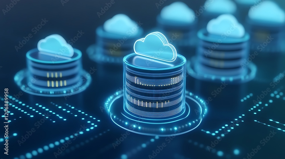 Poster futuristic cloud computing concept with data servers and digital cloud icons on dark background