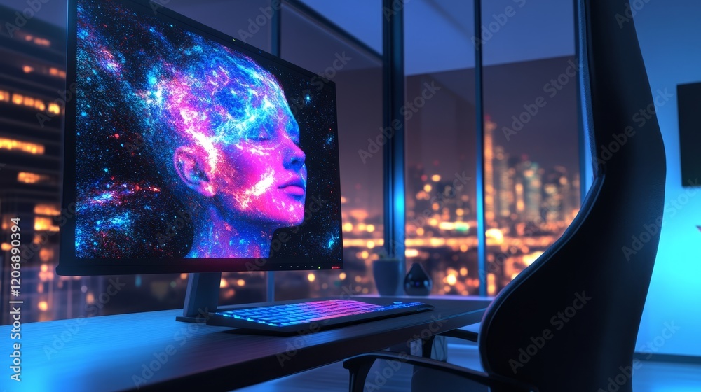 Poster large monitor on a home computer displaying ai-generated images based on a prompt, empty chair in fr