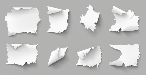 Collection of torn white paper pieces with curled edges, isolated on gray background.