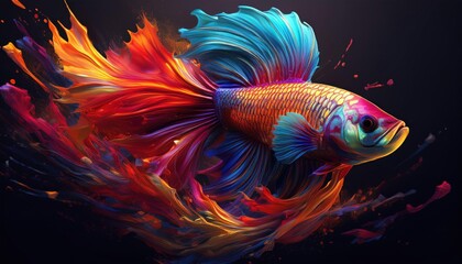 Fototapeta premium An artistic depiction of a betta fish with vivid colors and abstract splashes, set against a black background, showcasing dynamic movement and vibrant hues. 