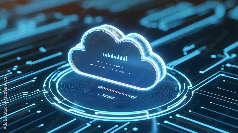 Poster futuristic cloud computing concept with digital circuit background and data visualization elements