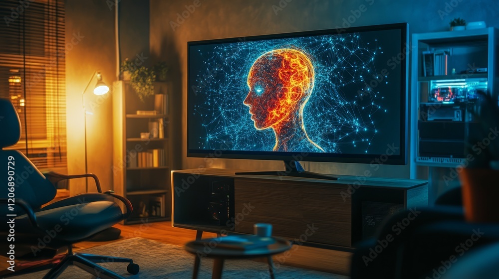 Poster large screen on a home computer displaying an image generated by ai, empty chair emphasizing the abs