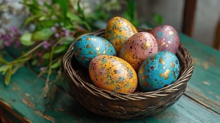 Fototapeta premium Celebrate spring with colorful, beautifully decorated eggs in a rustic basket on a wooden table