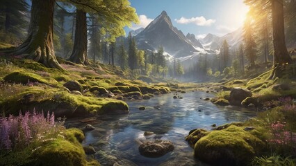 Lush Forest Embracing a Magical River with a Towering Mountain in the Background.