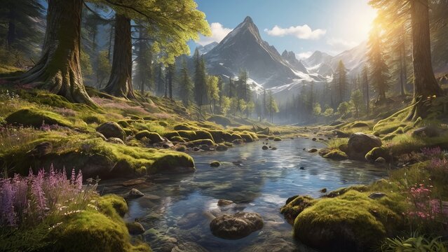 Lush Forest Embracing a Magical River with a Towering Mountain in the Background.