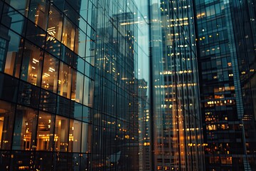 Fototapeta premium Reflective skyscrapers, business office buildings.