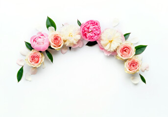 Elegant Floral Arrangement of Pink and White Roses and Peonies on White Background