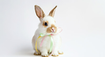 Adorable White Rabbit with Colorful Ribbon on White Background. Easter concept
