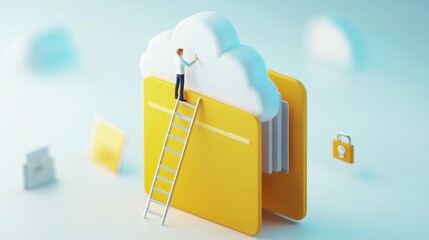 Folder with files update,Cloud data storage organization and file management,Tiny people add digital document to big open folder,remote folder, upload and download data in cloud online,refresh data.
