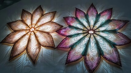 Obraz premium A glowing tapestry of intricate geometric patterns, illuminated by vibrant neon hues of turquoise, pink, and violet. The design flows seamlessly like liquid light, with swirling gradients that 