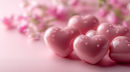 Fototapeta premium Pink hearts arranged symmetrically on a pastel pink background, offering beauty and balance.
