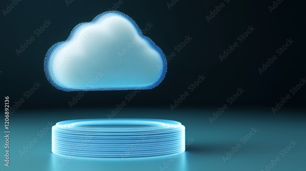 Poster futuristic cloud computing concept with ethereal cloud and circular display platform in digital atmo