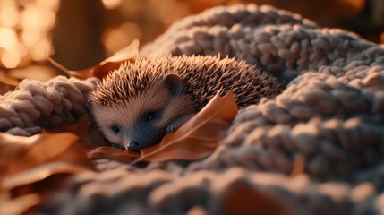 Obraz premium Hedgehog Snuggling in Autumn Leaves