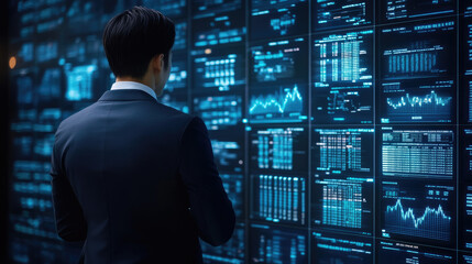Fototapeta premium Blue holographic display showcasing complex stock and finance data, immersive economic analytics for data-driven decision making