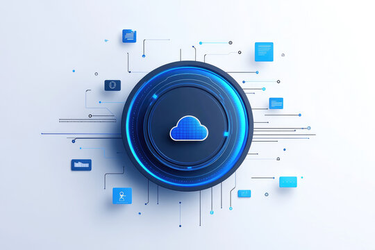 Blue tones digital data transfer concept featuring a central cloud icon in a flat design style, emphasizing technology and connectivity. - Powered by Adobe