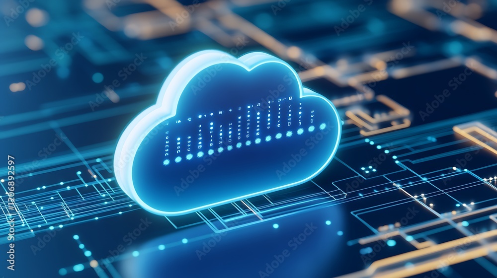 Poster futuristic cloud computing concept with neon effects and data flow on digital circuit board backgrou