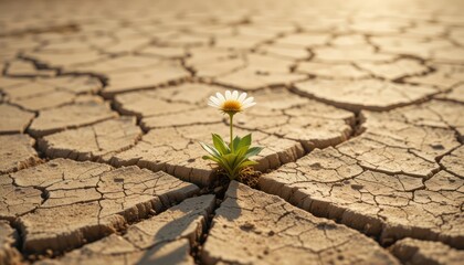 A single white flower grows in a cracked desert floor, illuminated by soft sunlight, symbolizing hope thriving in adversity.








