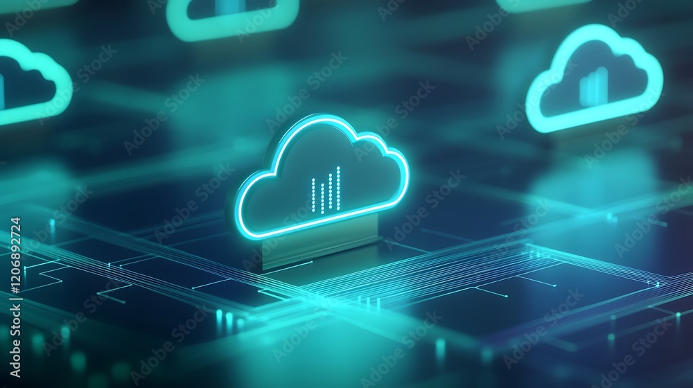 Poster futuristic cloud computing concept with neon graphics and data representation for digital spaces