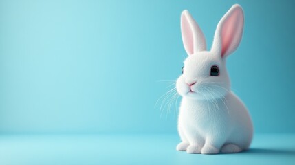 Obraz premium Fluffy white rabbit sitting serenely against a calming blue backdrop at a cozy digital studio