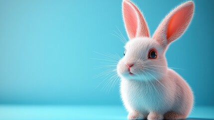 Obraz premium Soft white bunny with bright pink ears posed against a serene blue background in a whimsical light setting