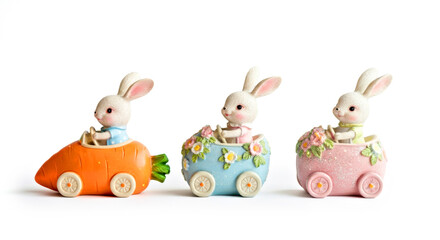 Fototapeta premium Adorable Bunny Figurines Driving Whimsical Cars in Springtime Colors. Easter concept