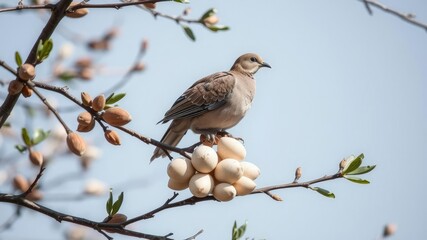 Almond tree branches with a cluster of eggs and a turtledove sitting above them, branch, egg, cluster