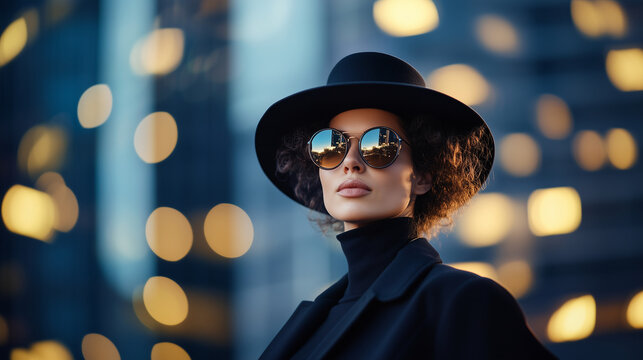 woman dressed up as a man on black colored city background