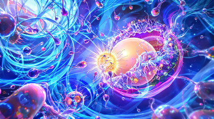 Vibrant Microscopic World: Sperm Cells Surrounding Egg in Abstract Biotechnological Art