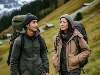 Fototapeta premium Adventurous Couple Hiking Through Scenic Mountain Landscape with Backpacks on a Summer Day