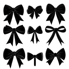 Twelve black ribbon bows, various styles, isolated on white.