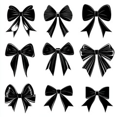 Collection of nine different black bows, isolated on white background.