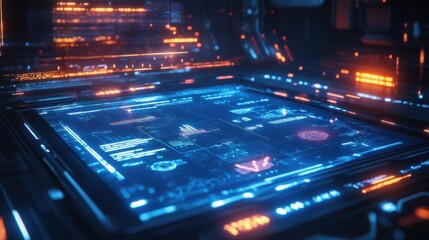 Obraz premium Computer screen emitting blue and red glowing light in a dark environment