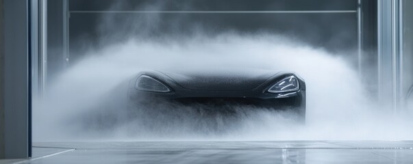 Car emerging from fog in modern facility automotive photography industrial environment dramatic viewpoint