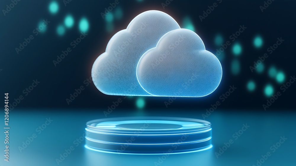 Poster futuristic cloud computing visual with glowing clouds and digital background for technology concepts