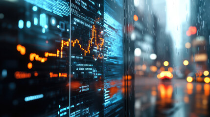 Fototapeta premium Futuristic Urban Landscape with Floating Digital Displays, Showcasing Economic Data and Market Trends in a High-Tech Environment