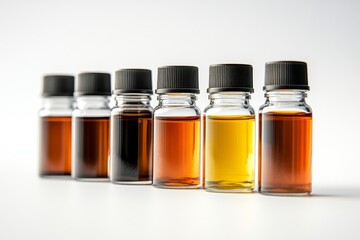 A collection of essential oil bottles showcasing various shades and hues. These oils are perfect for aromatherapy or creating unique blends. Generative AI