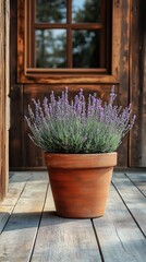 Rustic Wooden Porch Lavender Potted Plant Summer Bloom