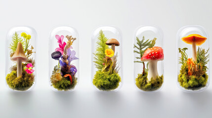 Colorful Mushrooms and Plants in Transparent Capsules on White Background.