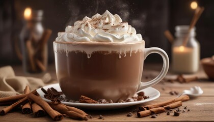 a steaming mug of hot chocolate topped with whipped cream and a sprinkle of cinnamon , cozy, hot chocolate, cinnamon