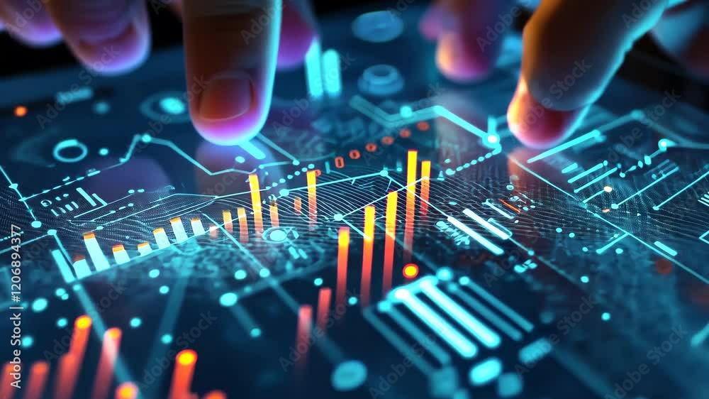 Poster hands interact with a futuristic tablet displaying glowing digital circuitry at night, closeup of ha